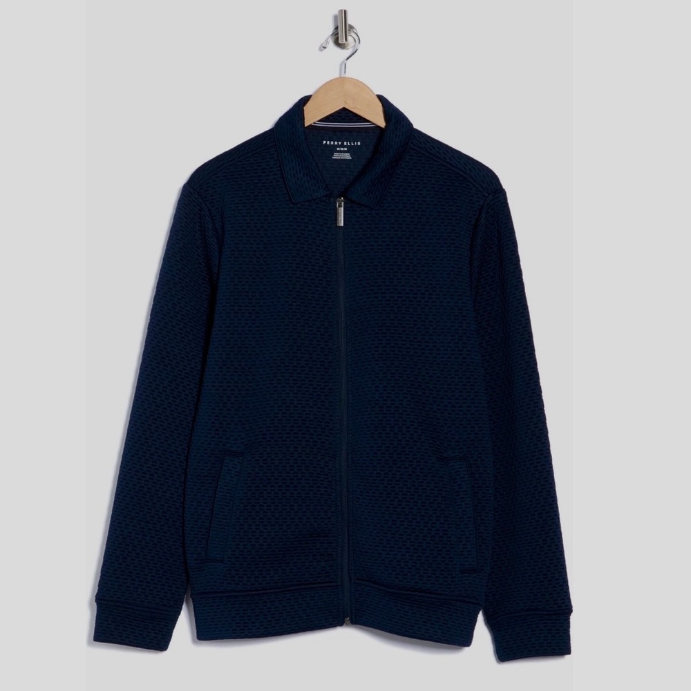 ✅NEW “Perry Ellis” Geometric Texture   Black Full Zip-Up Jacket